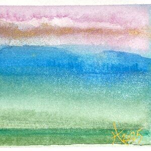 Golden Sunset Original Iridescent Watercolor Painting 4x5in Black Frame Desk Art